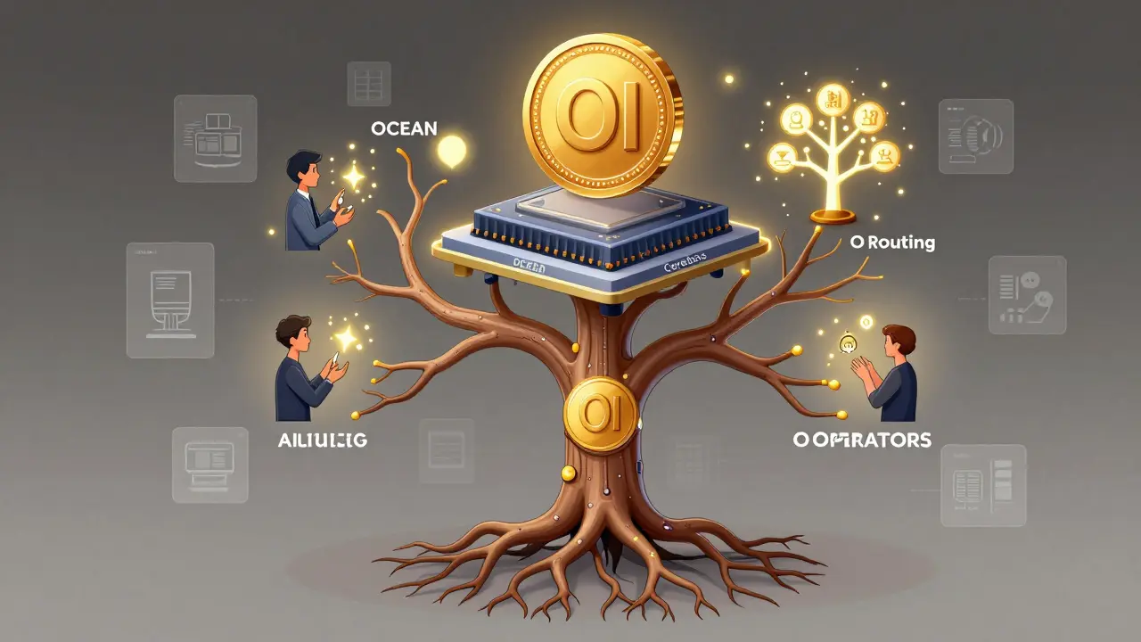 A neural tree with OI coin as trunk, branching into OCEAN, OPERATORS, and O Routing Intelligence within the O.XYZ ecosystem.
