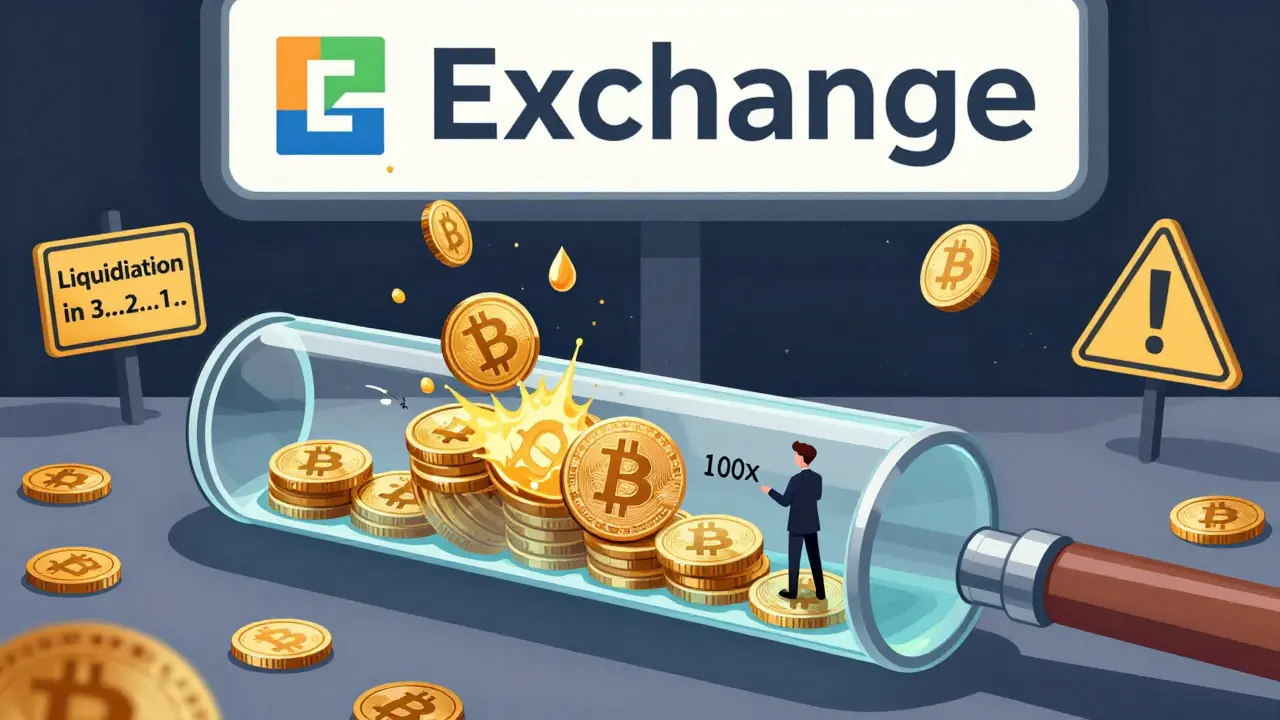 A tiny trader inside a Bitcoin-filled tube sees coins vanish as a drop triggers liquidation, with warning signs.