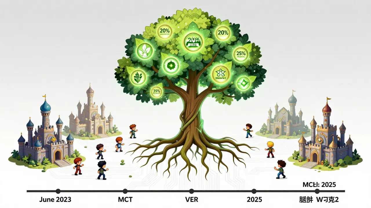 A tree with $MCRT roots and Genesis Wizard NFTs as leaves, surrounded by active players and a timeline of game updates.