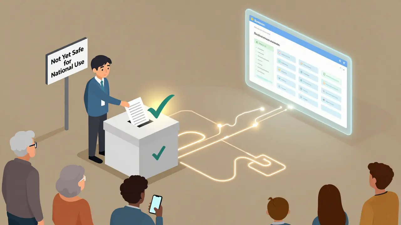 A voter depositing a paper ballot while a digital copy goes to a blockchain ledger, with diverse citizens observing and a warning sign above.
