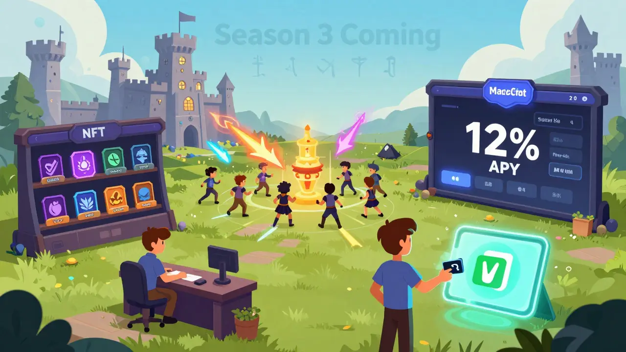 Active MagicCraft ecosystem in 2025: NFT trading, guild battle, staking dashboard, and wallet connected to PancakeSwap.