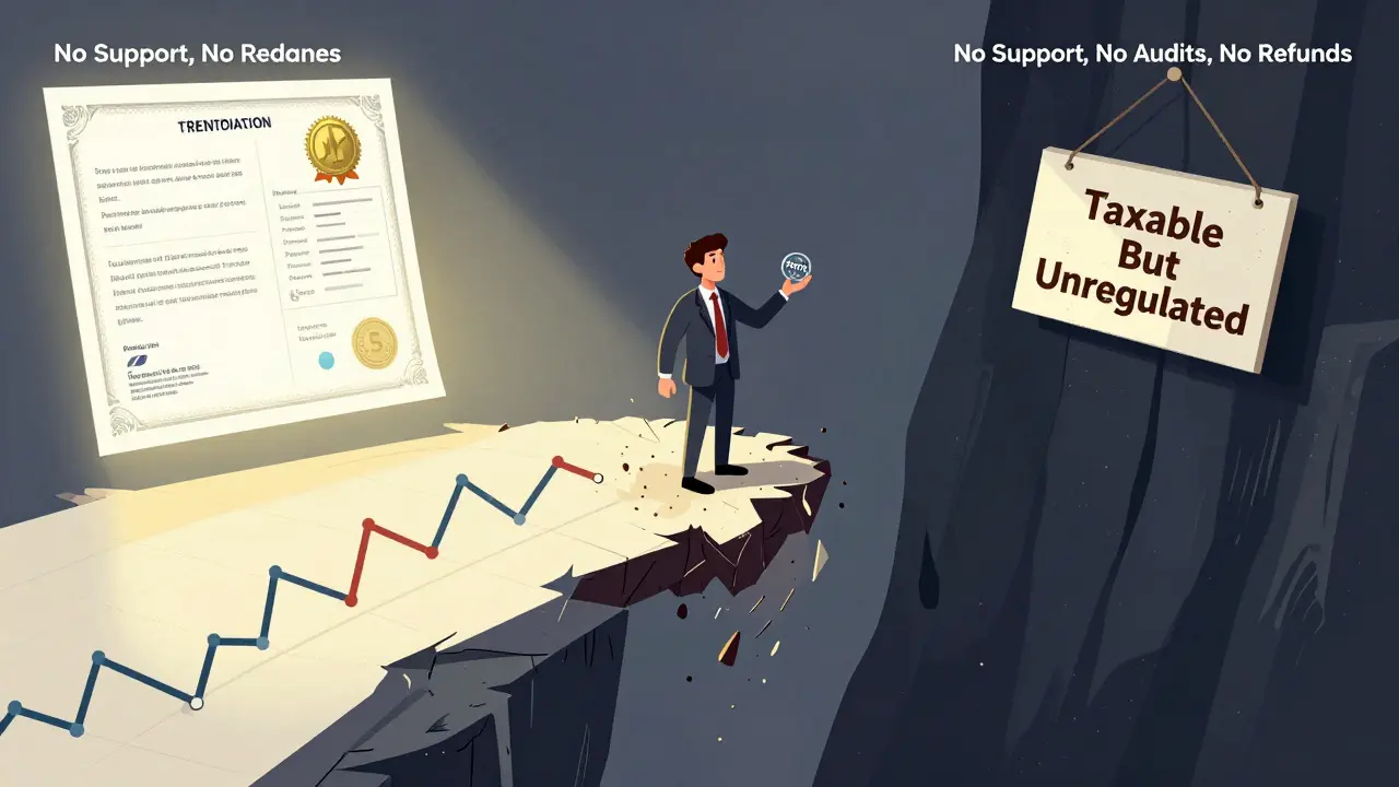 An investor on a crumbling bridge of price predictions, with safe regulated exchanges on one side and a dark risk canyon on the other.