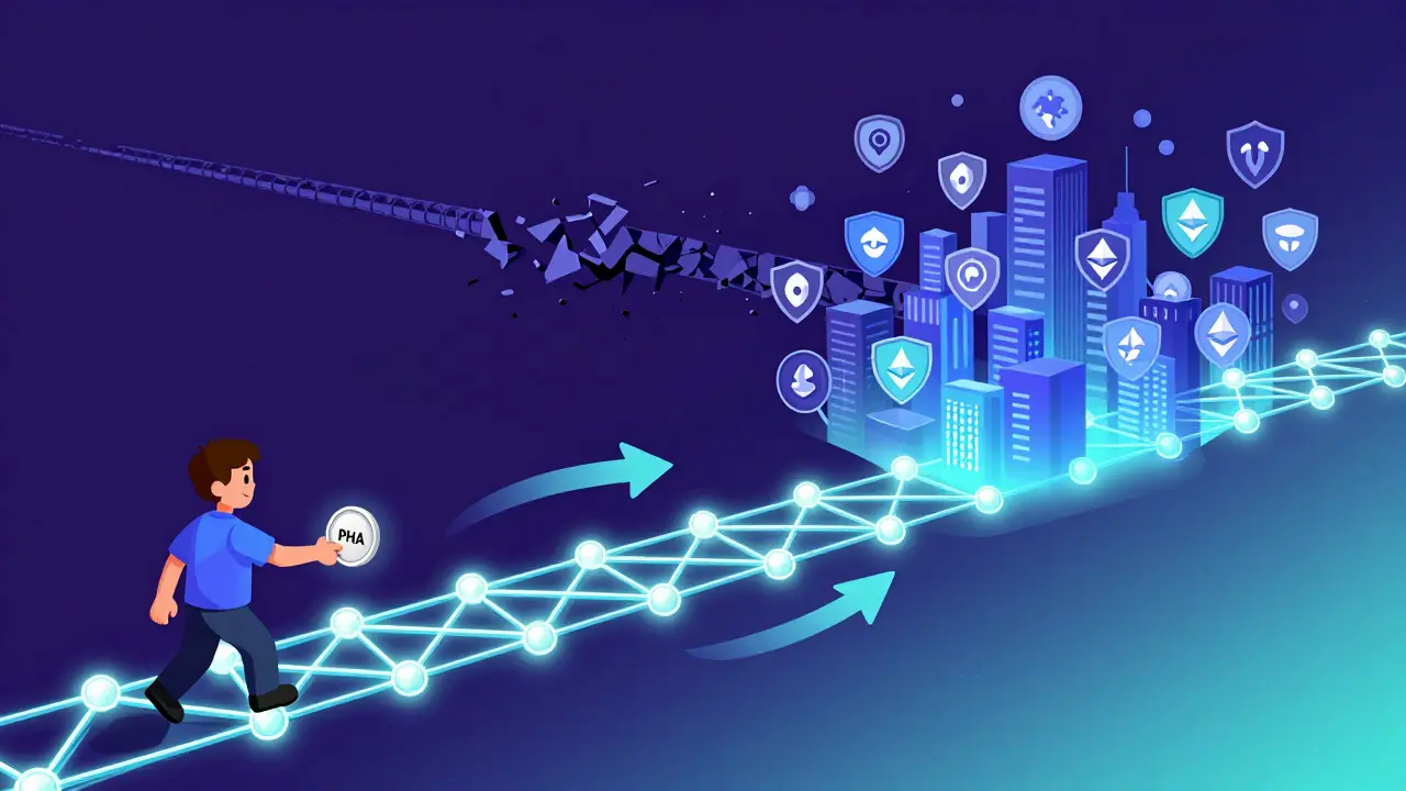 Bridge connecting Polkadot to Ethereum Layer 2, with PHA tokens flowing to a digital city, Polkadot fading behind.