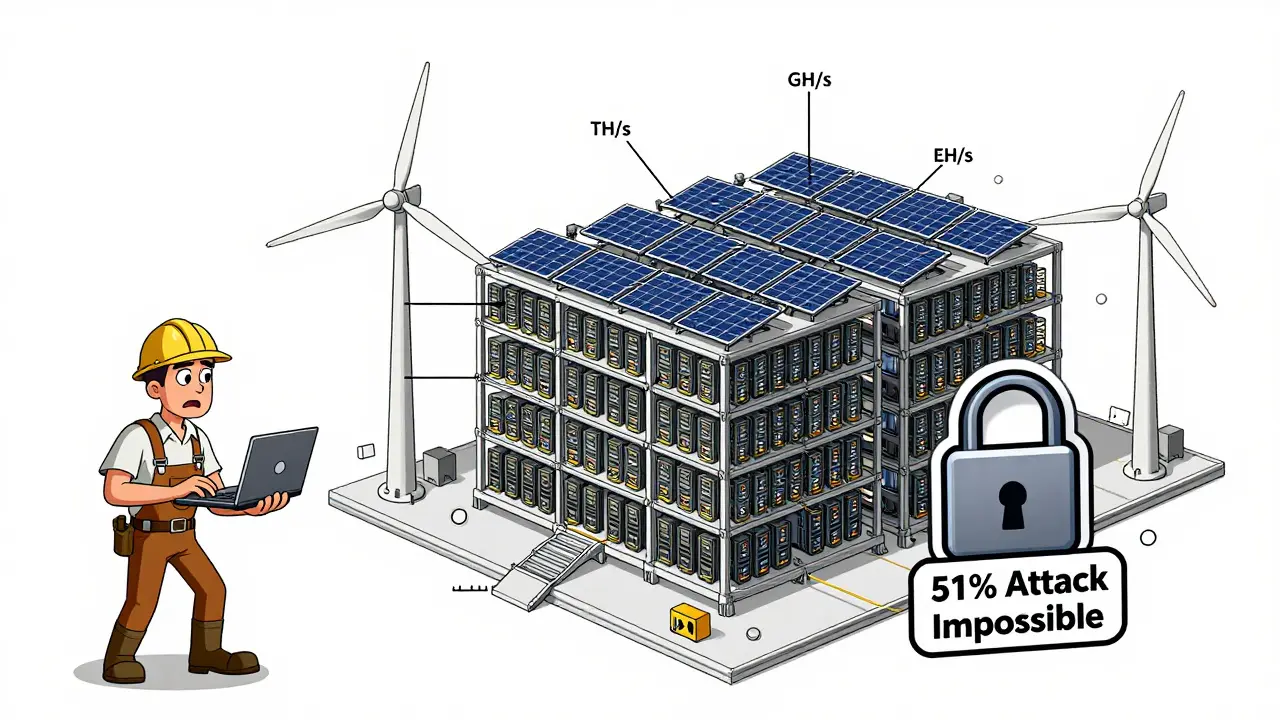 Comparison of a lone miner versus a massive renewable-powered mining farm securing the Bitcoin blockchain.