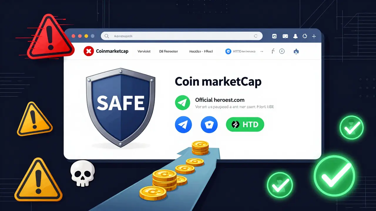 Comparison of fake HeroesTD scam site versus official game interface with safety symbols.