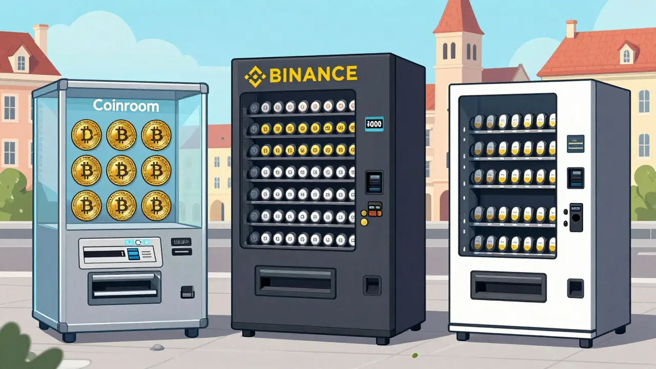 Comparison of three crypto exchanges as mechanical devices, highlighting Coinroom's simplicity and ATM feature.