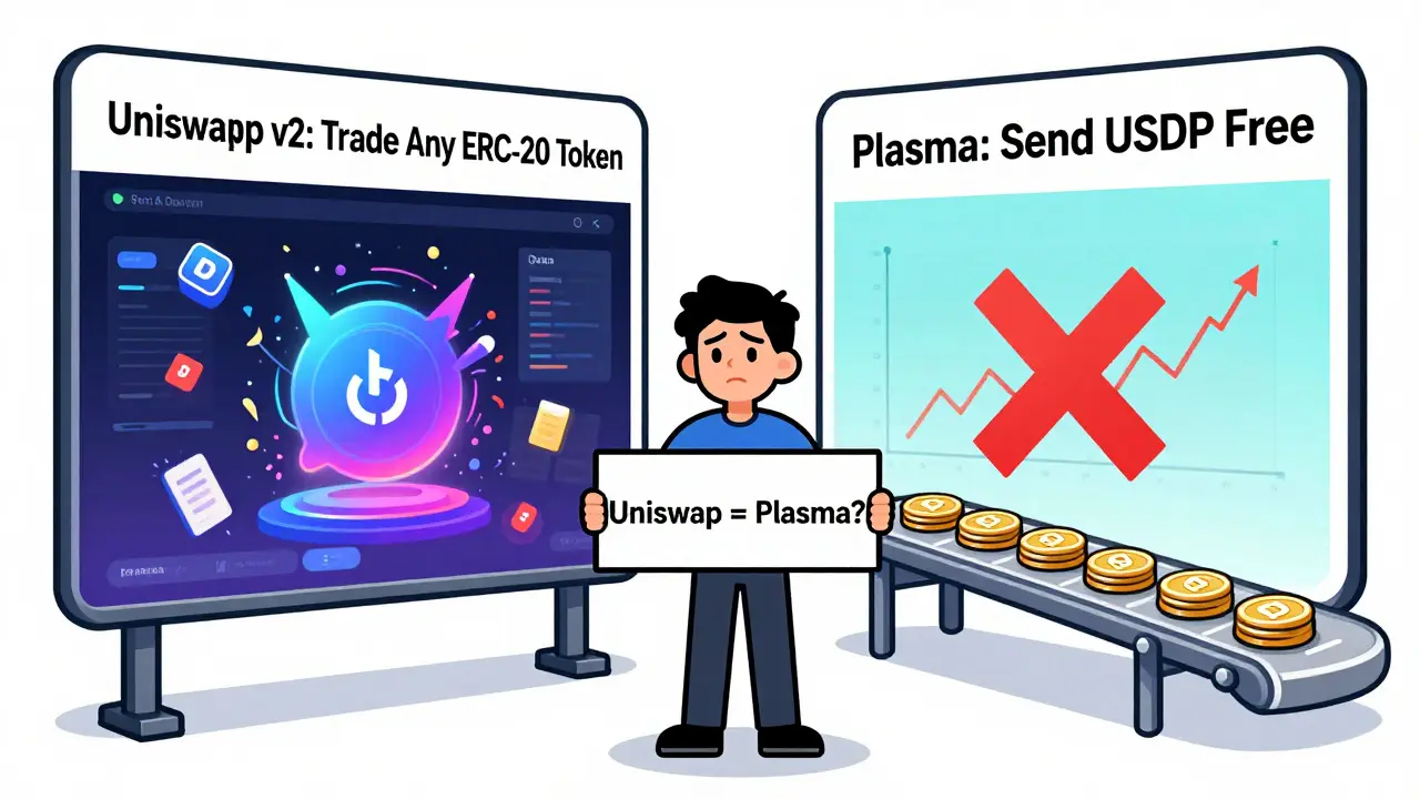 Confused user between Uniswap v2 trading and Plasma payment rail, with clear visual distinctions.