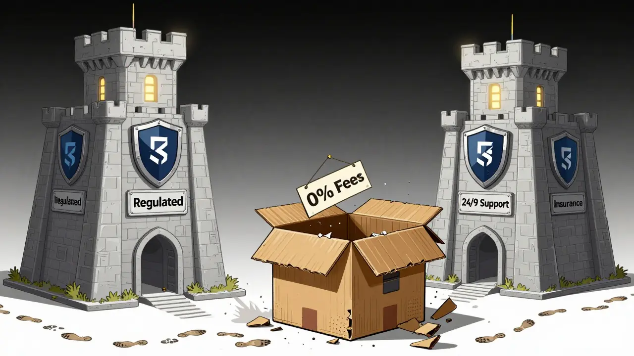 Crumbling Chronos Exchange box compared to fortified regulated exchanges in technical illustration style.