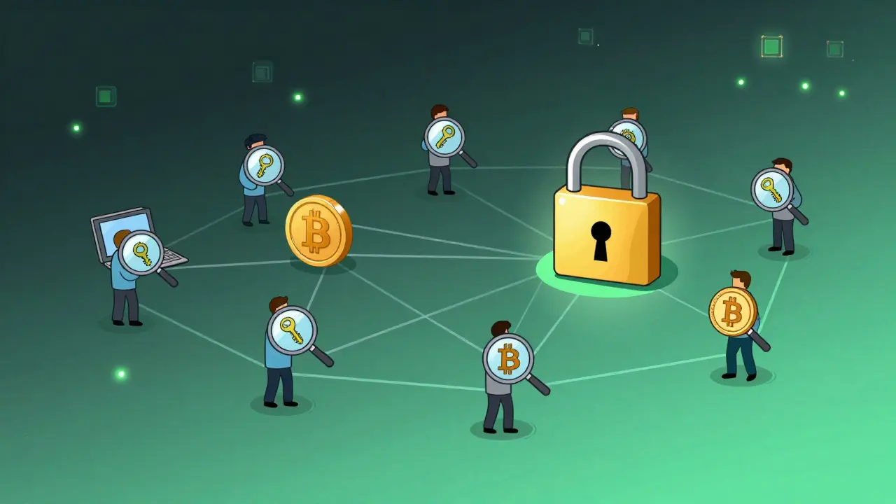 Cryptographic transaction verification flowing through a network of peer devices with validation icons.