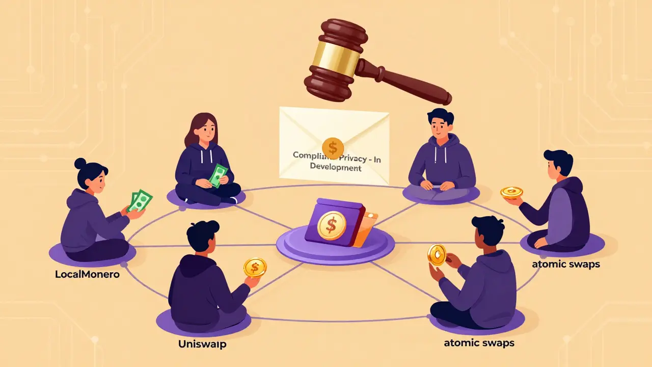 Decentralized peer-to-peer network trading privacy coins with a sealed 'compliant privacy' envelope above.