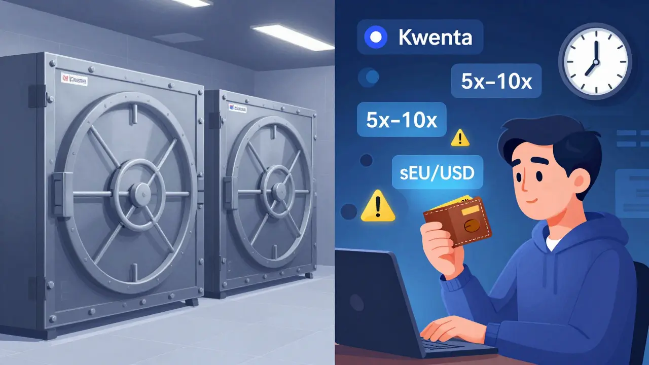Decentralized trading vs centralized exchange comparison with synthetic assets and 24/7 trading clock.