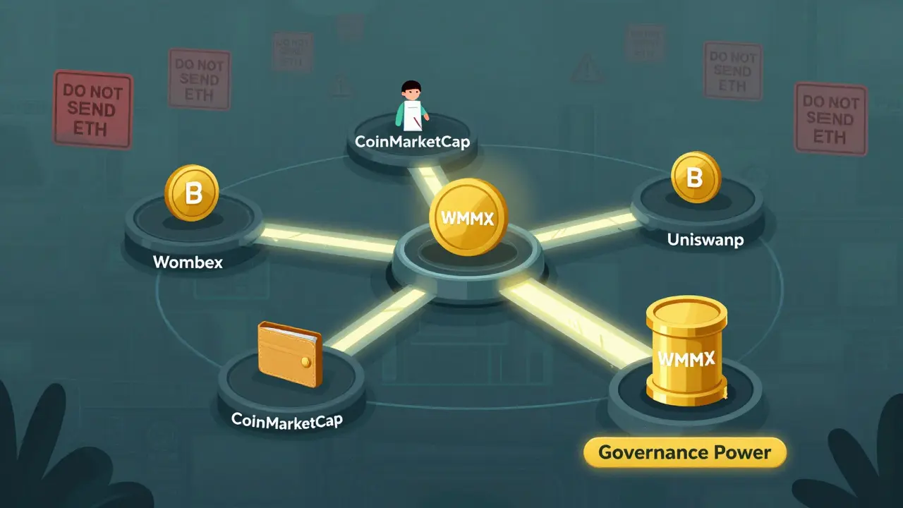 DeFi ecosystem with WMX tokens flowing between platforms, warning signs for scams in background.