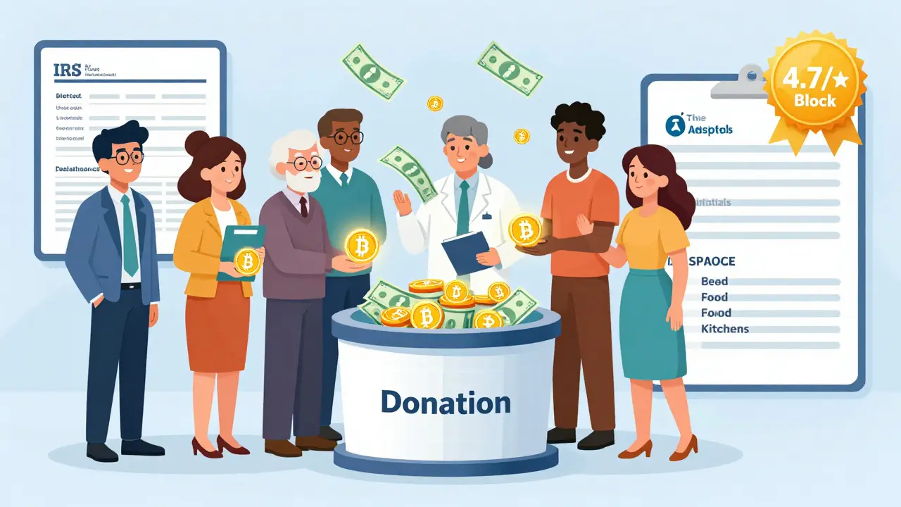 Diverse donors giving crypto that converts to cash funding hospitals, schools, and food aid.