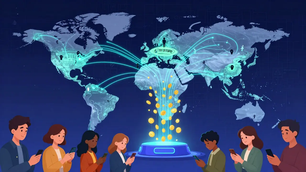 Global map with users sending data to Instars hub, transforming into floating INSTAR tokens raining down on devices worldwide.