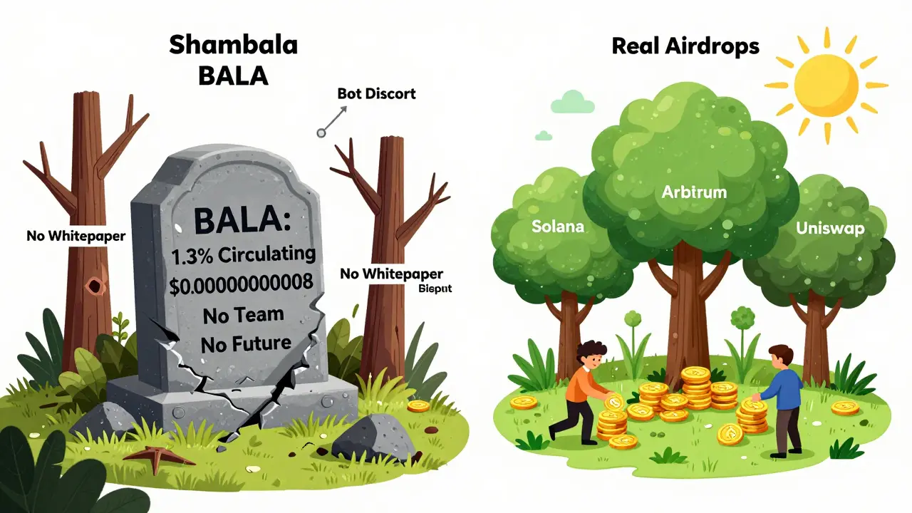Graveyard of dead Shambala token next to thriving crypto ecosystem with real airdrops.