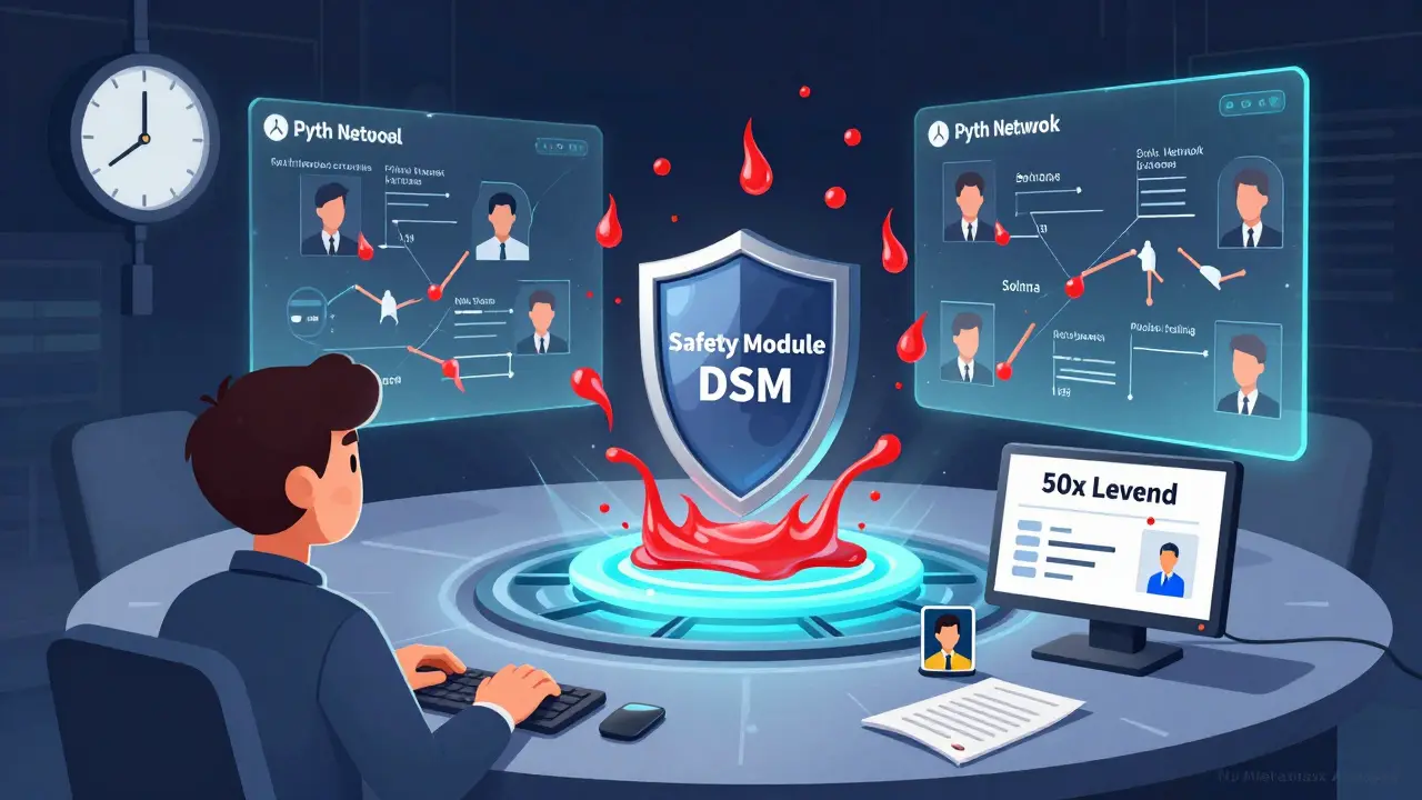 Illustration of Drift Protocol’s Safety Module shielding against liquidations, with oracles and social trading features.