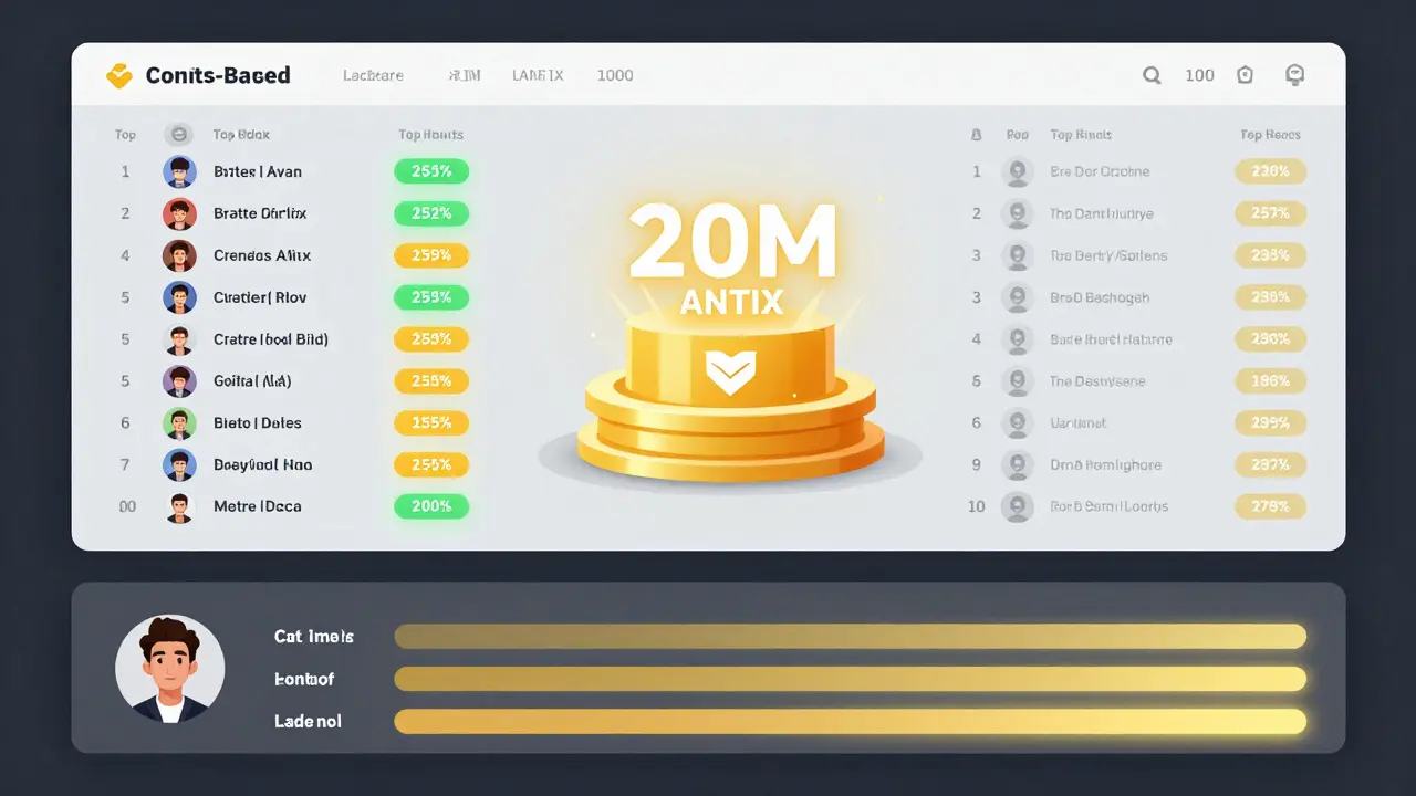 Leaderboard showing user activity points leading to a 20M ANTIX token reward pool.