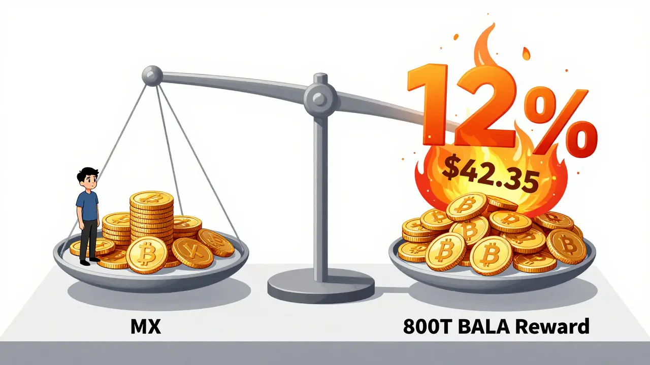 MEXC Kickstarter voting booth with MX tokens on one side and burning BALA tokens on the other.