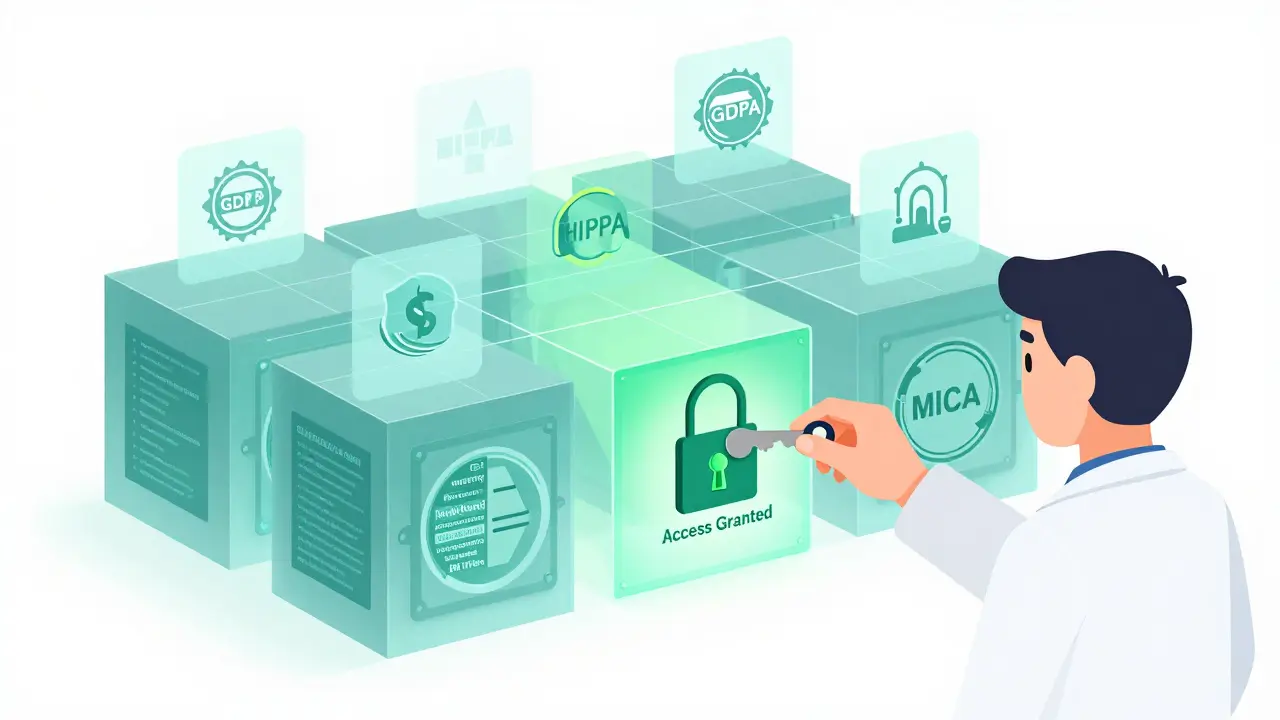 Off-chain data vaults connected to a blockchain grid of verification proofs, with an access key triggering compliance confirmation.