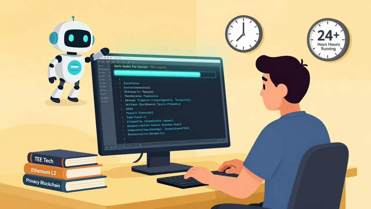 Person typing in Linux terminal with Phala miner progress bar and node status screenshot, surrounded by tech books.