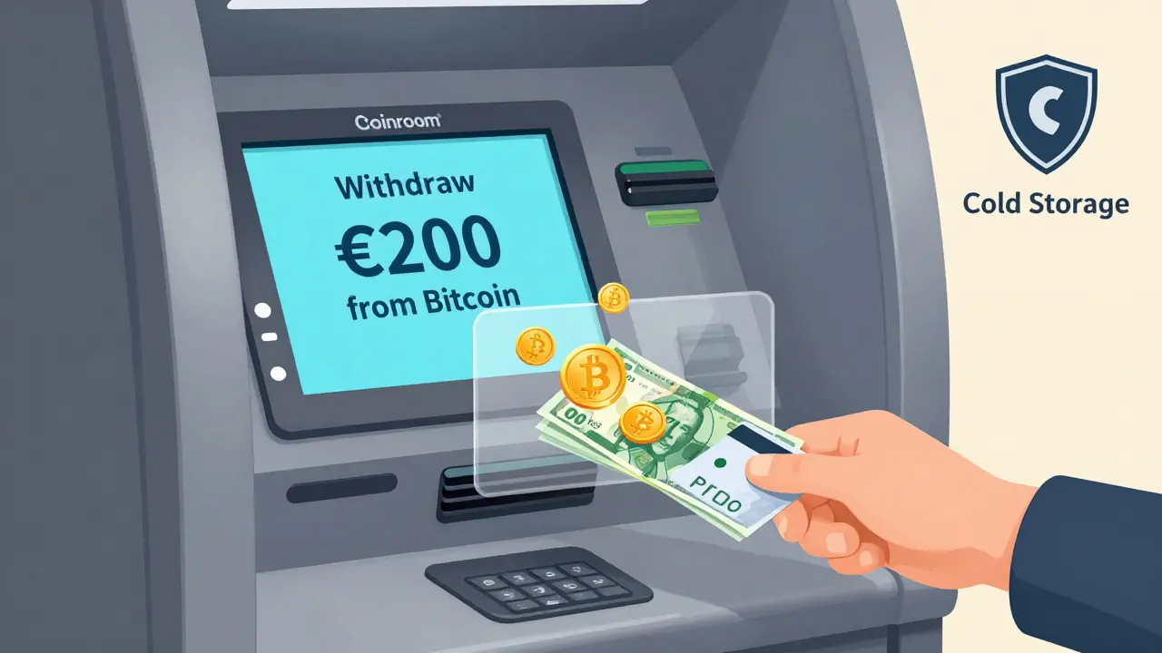 Person withdrawing cash from a crypto ATM with Bitcoin conversion displayed on screen.