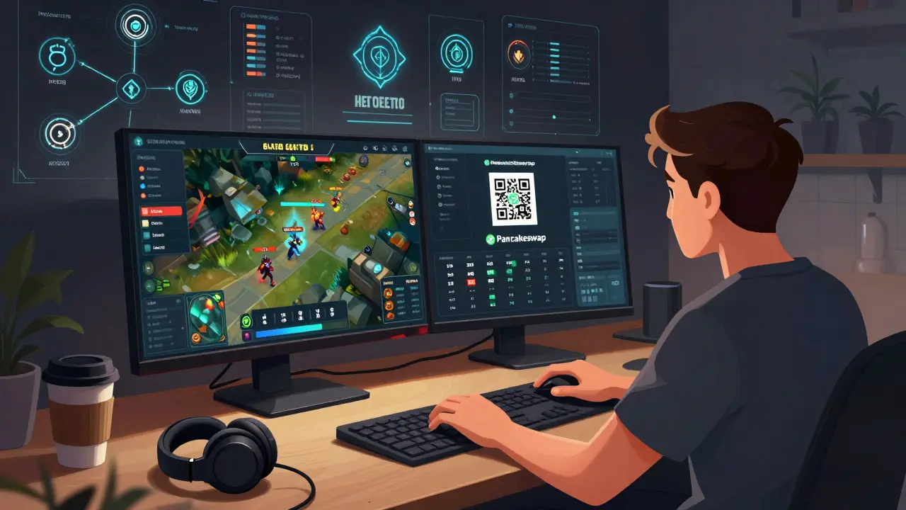 Player gaming on a desktop with blockchain price charts and PancakeSwap QR code visible on screen.