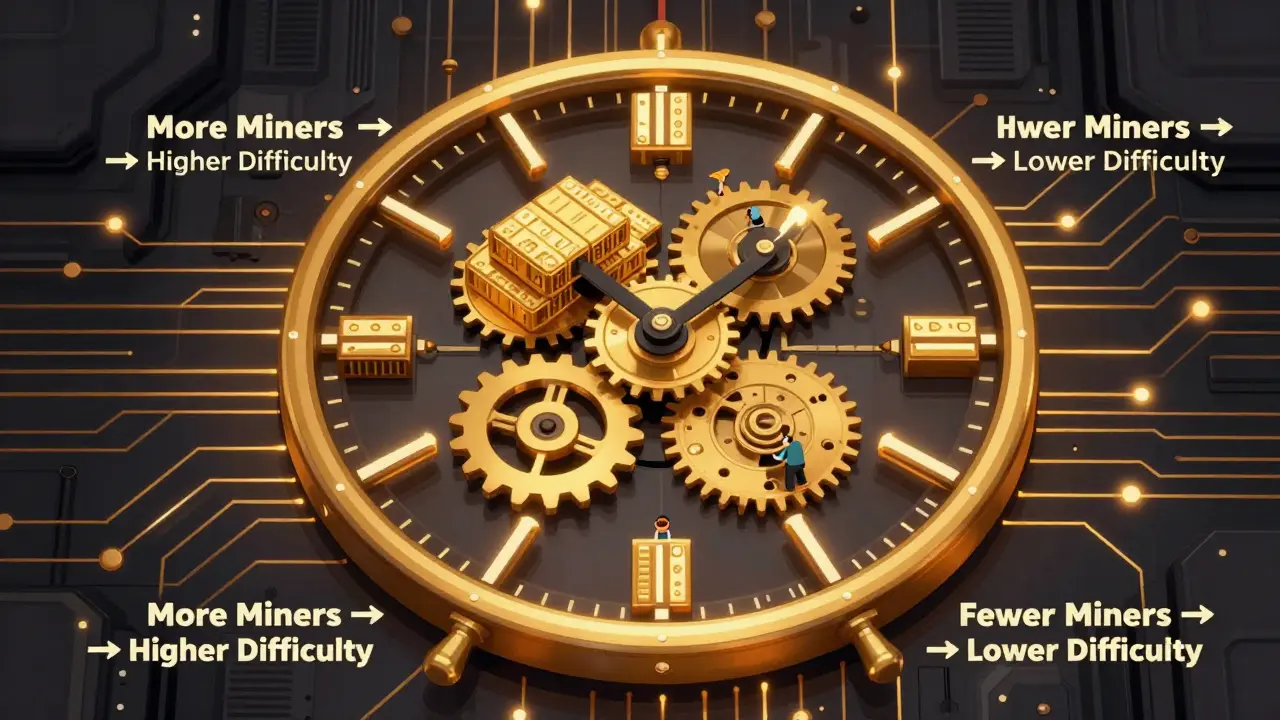 Self-adjusting clock mechanism balancing mining difficulty based on global hash rate changes.