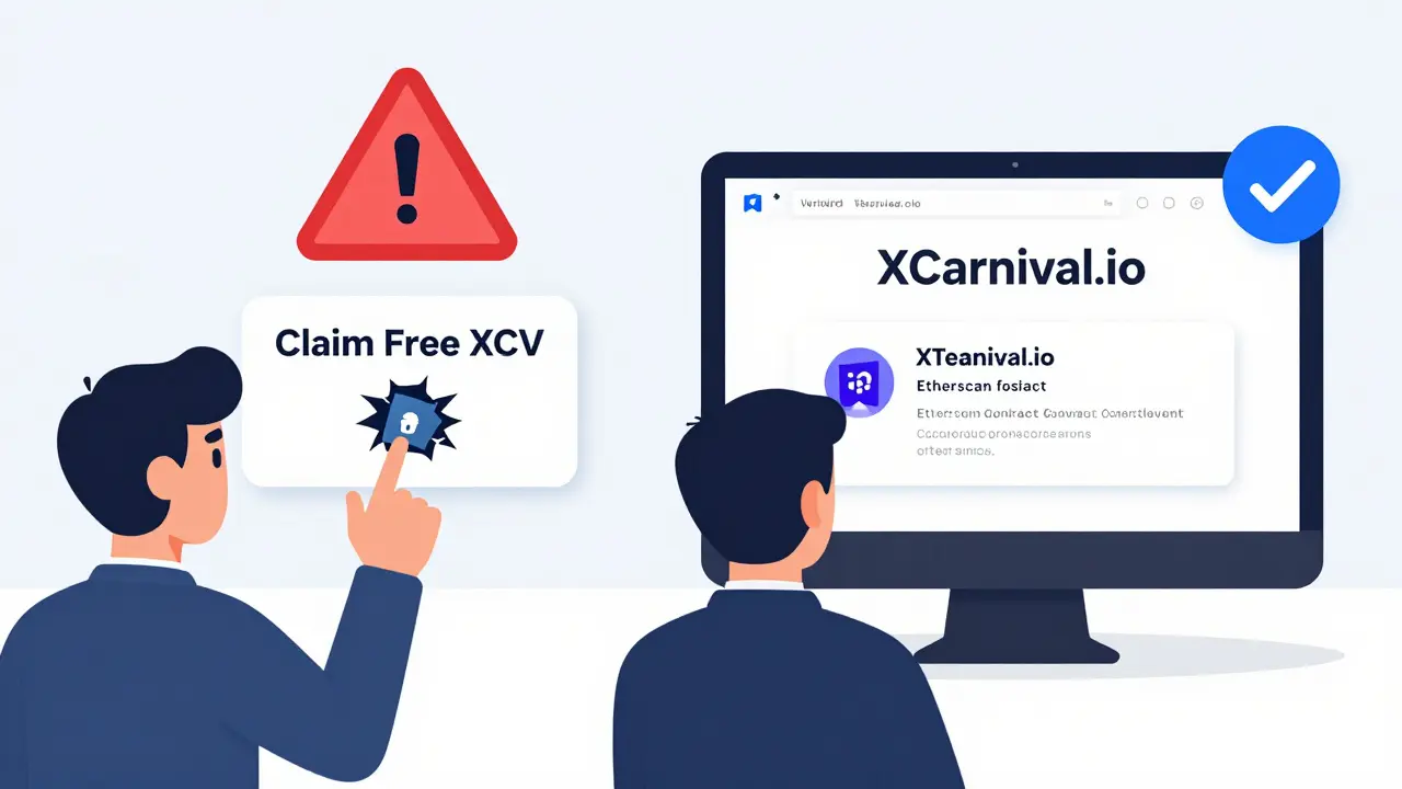 Side-by-side comparison of a scam claim link versus safe verification on official XCarnival site.