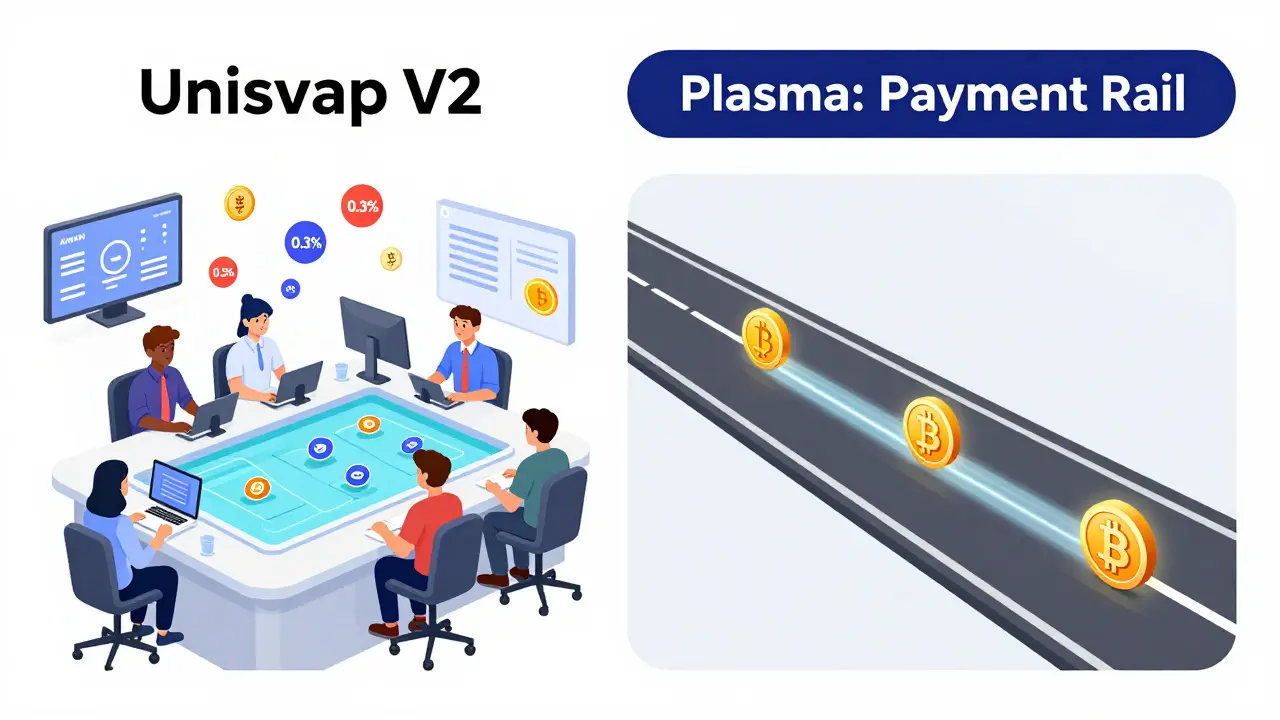 Side-by-side comparison: trading floor for Uniswap v2 vs. free highway for Plasma stablecoin transfers.