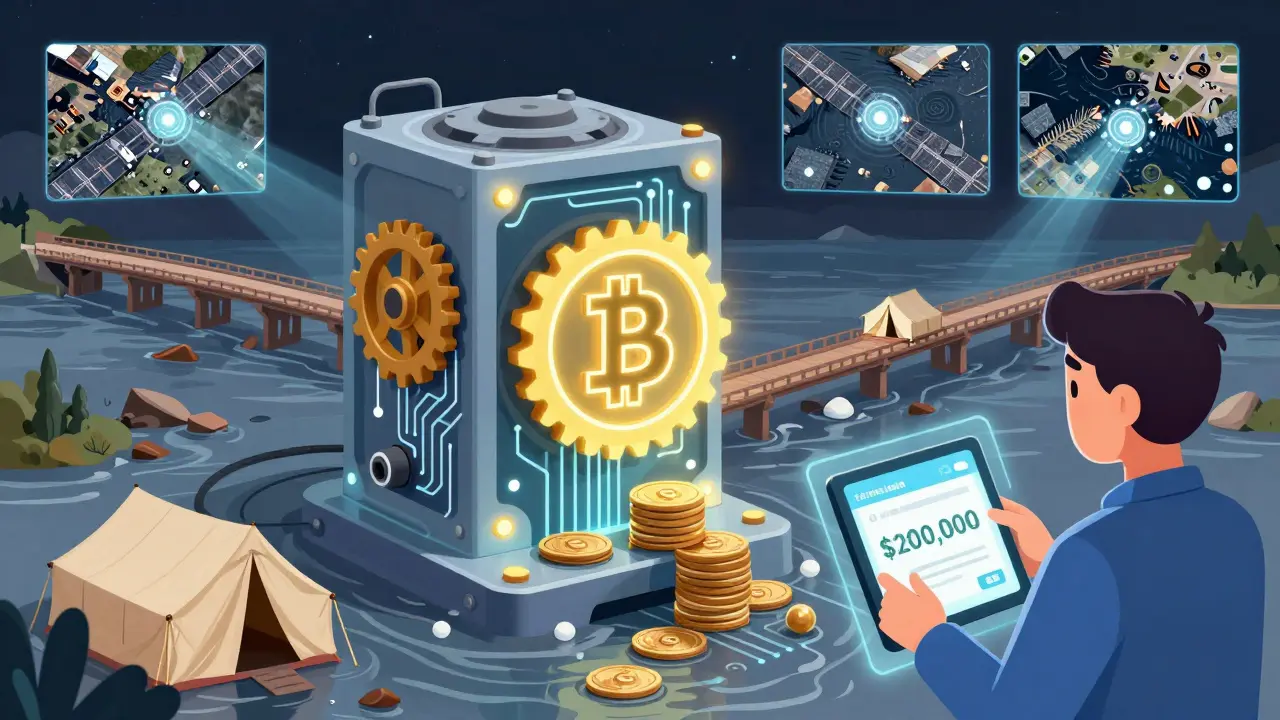 Smart contract machine releasing funds after satellite confirmation of disaster recovery.