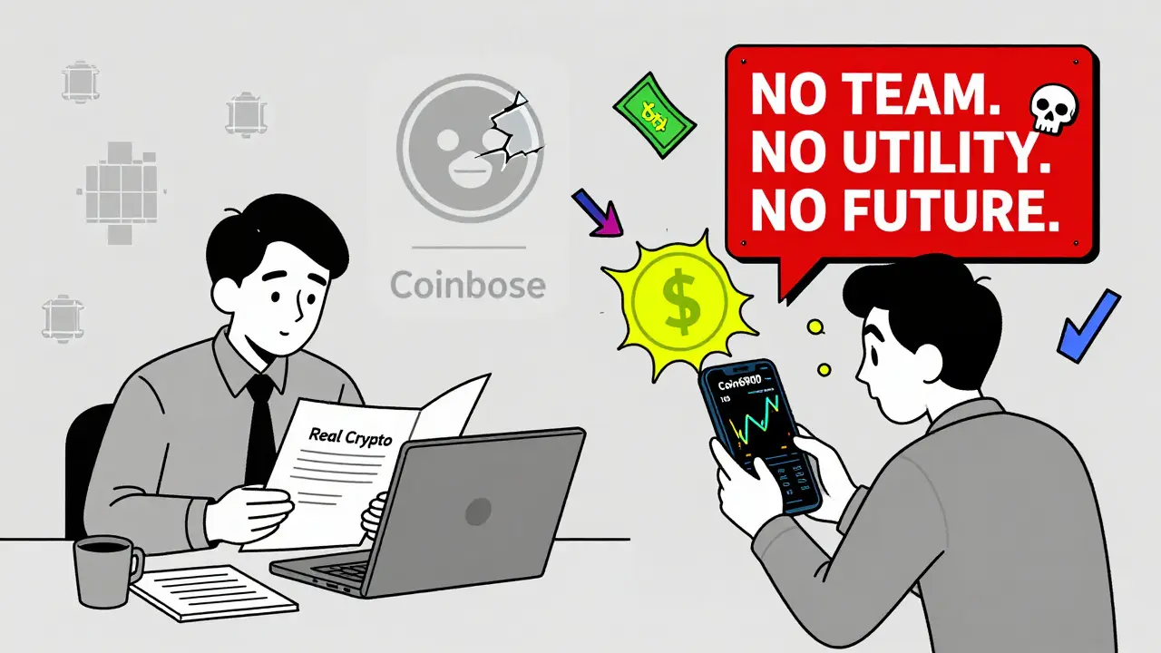 Split scene: calm investor vs frantic trader surrounded by warning signs and wild price swings for COIN.