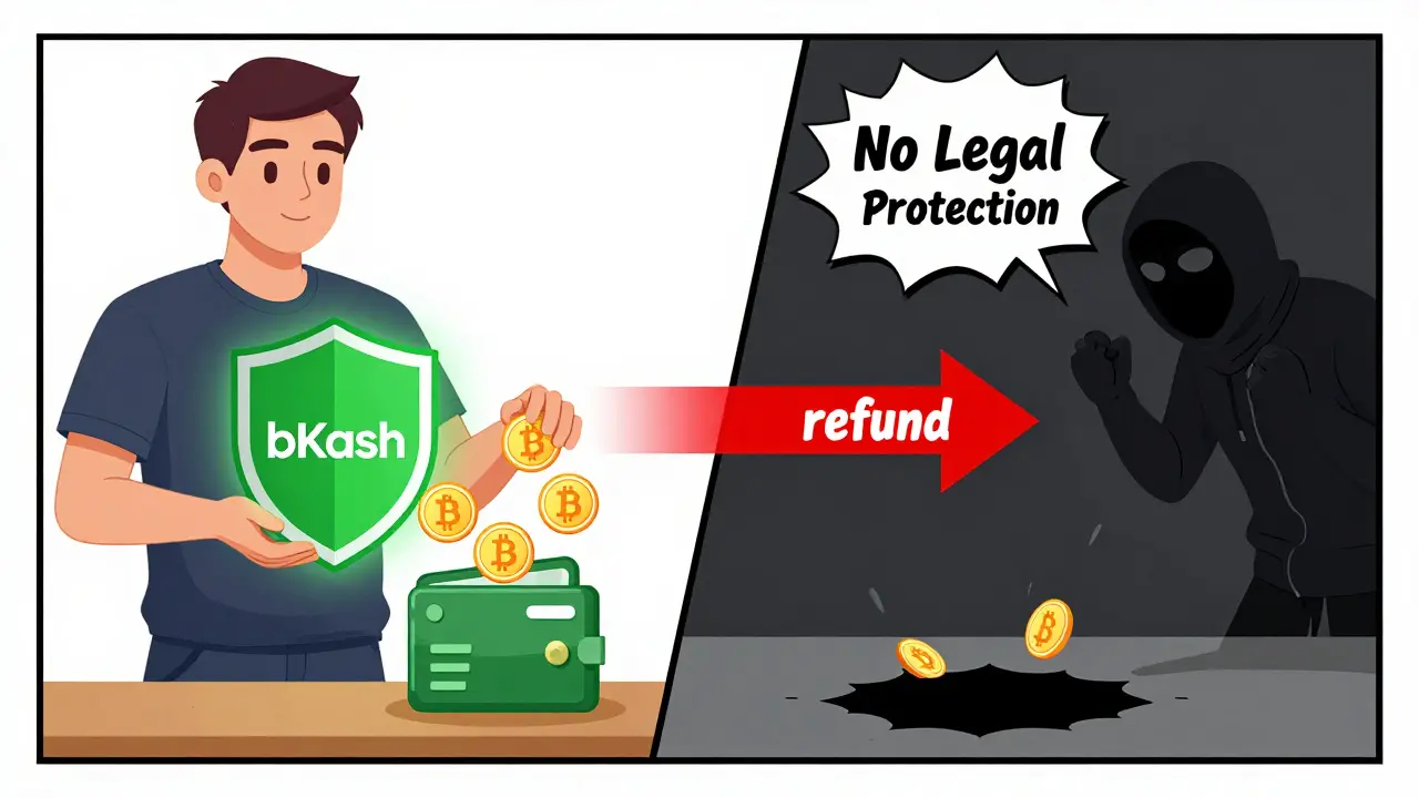 Split scene: one side shows safe P2P crypto trade with escrow protection, the other shows a scammer reversing payment and stealing crypto.
