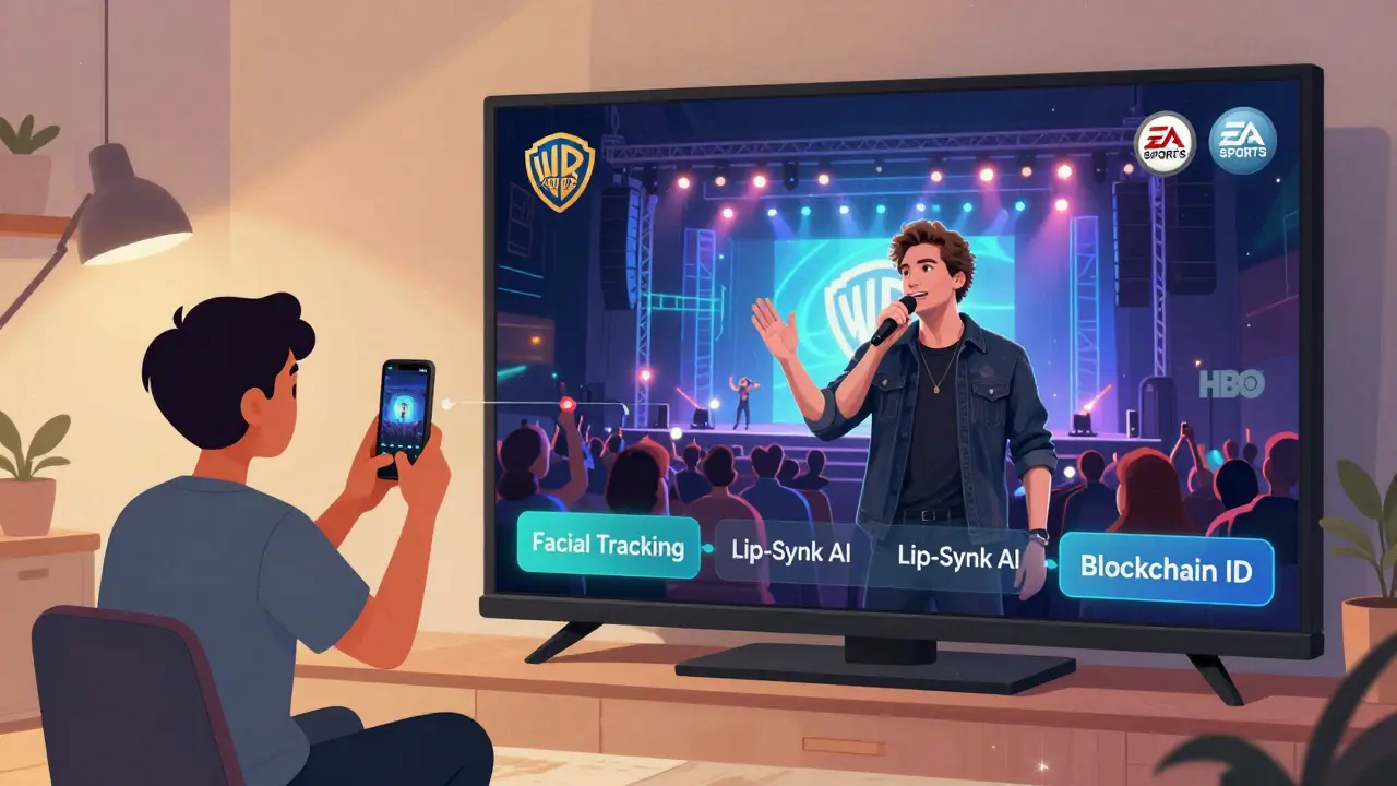 Split scene: real person recording on phone and their digital avatar performing on a virtual stage.