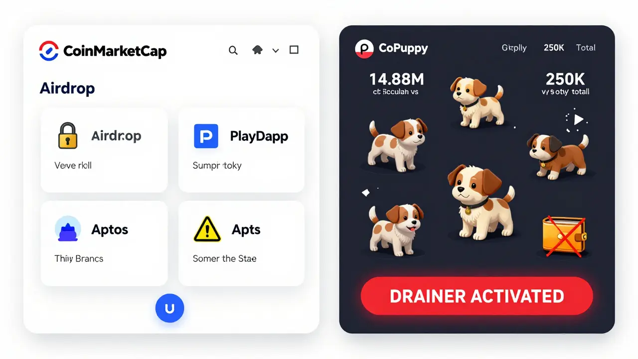 Split-screen: real airdrops on left, fake CoPuppy scam with impossible supply numbers on right.