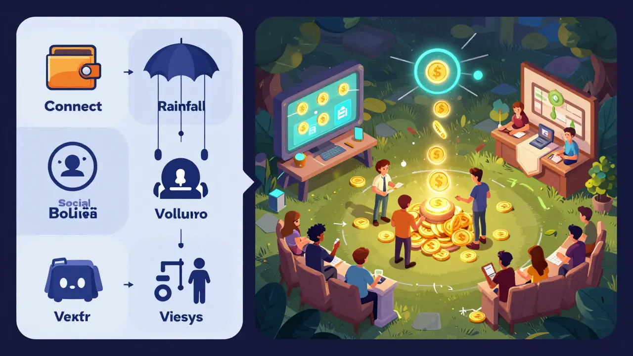 Split-screen showing airdrop steps on one side and in-game economy on the other, with tokens and NFTs flowing between them.