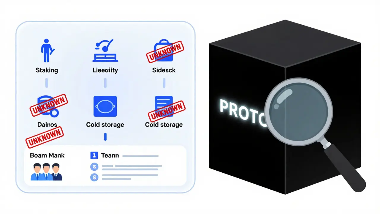 Split-screen: transparent DeFi system vs. a black box labeled ProtoFi with no visible internal components or security features.