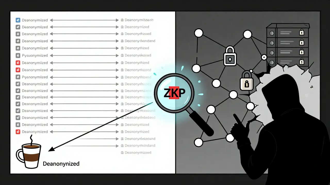 Split view showing public blockchain deanonymization versus private blockchain vulnerability to external threats.