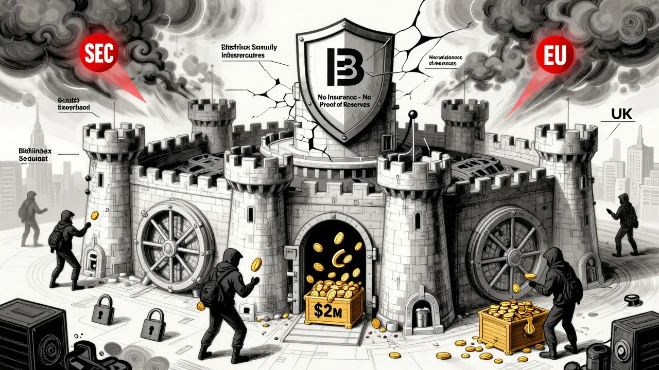 Technical illustration of Bitfinex security system with cold storage and regulatory risks