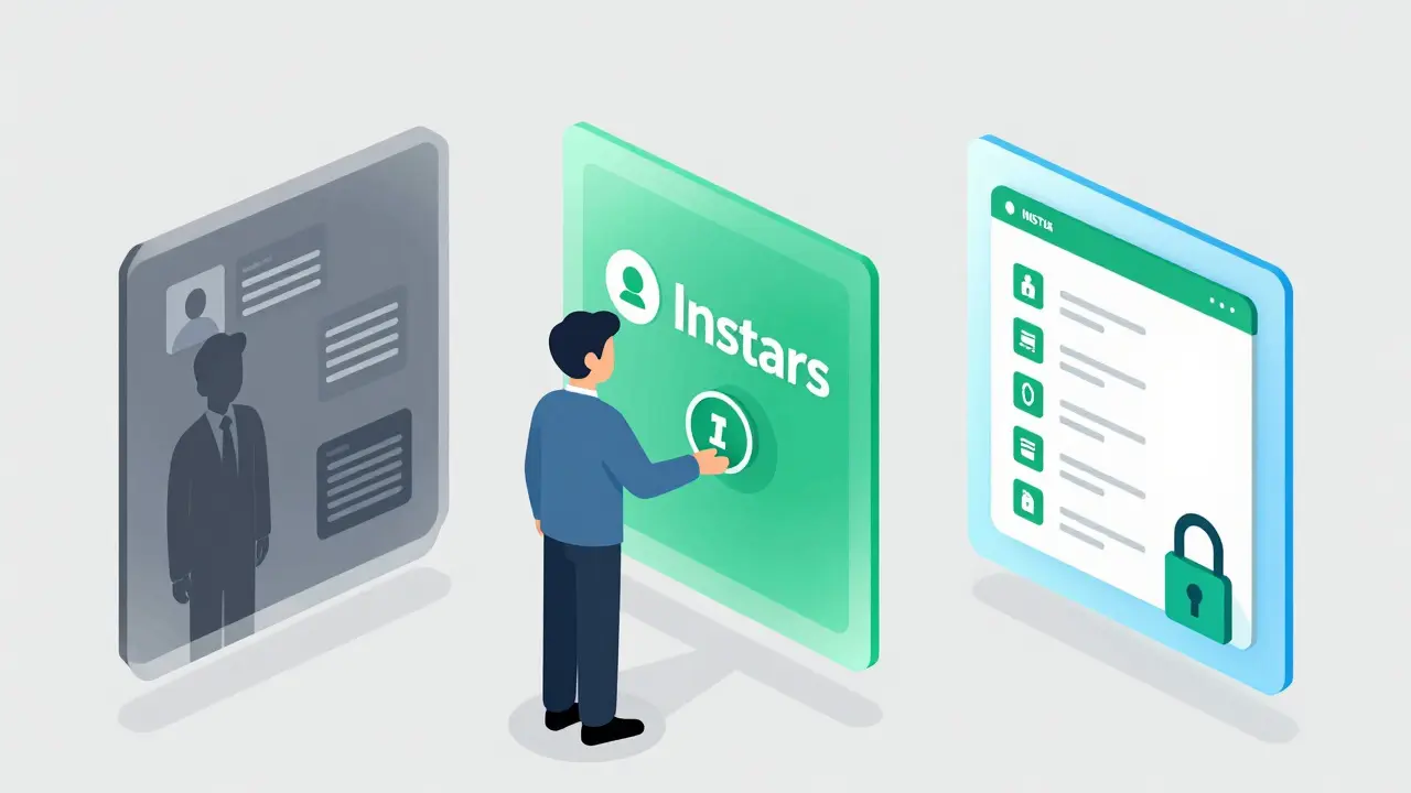 Three-panel comparison showing data harvesting without payment vs. earning crypto with Instars vs. encrypted blockchain ledger.