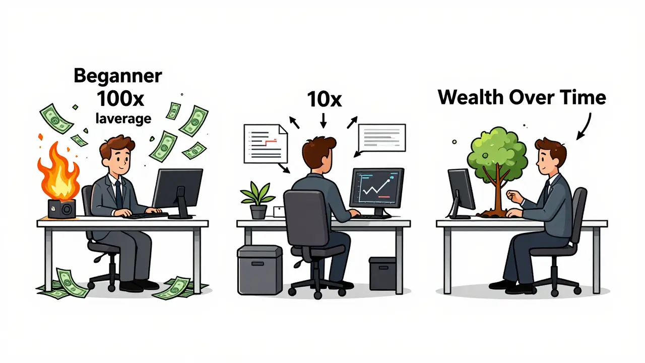 Three trading desks showing 100x chaos, 10x calm, and spot trading growth, with technical labels and icons.