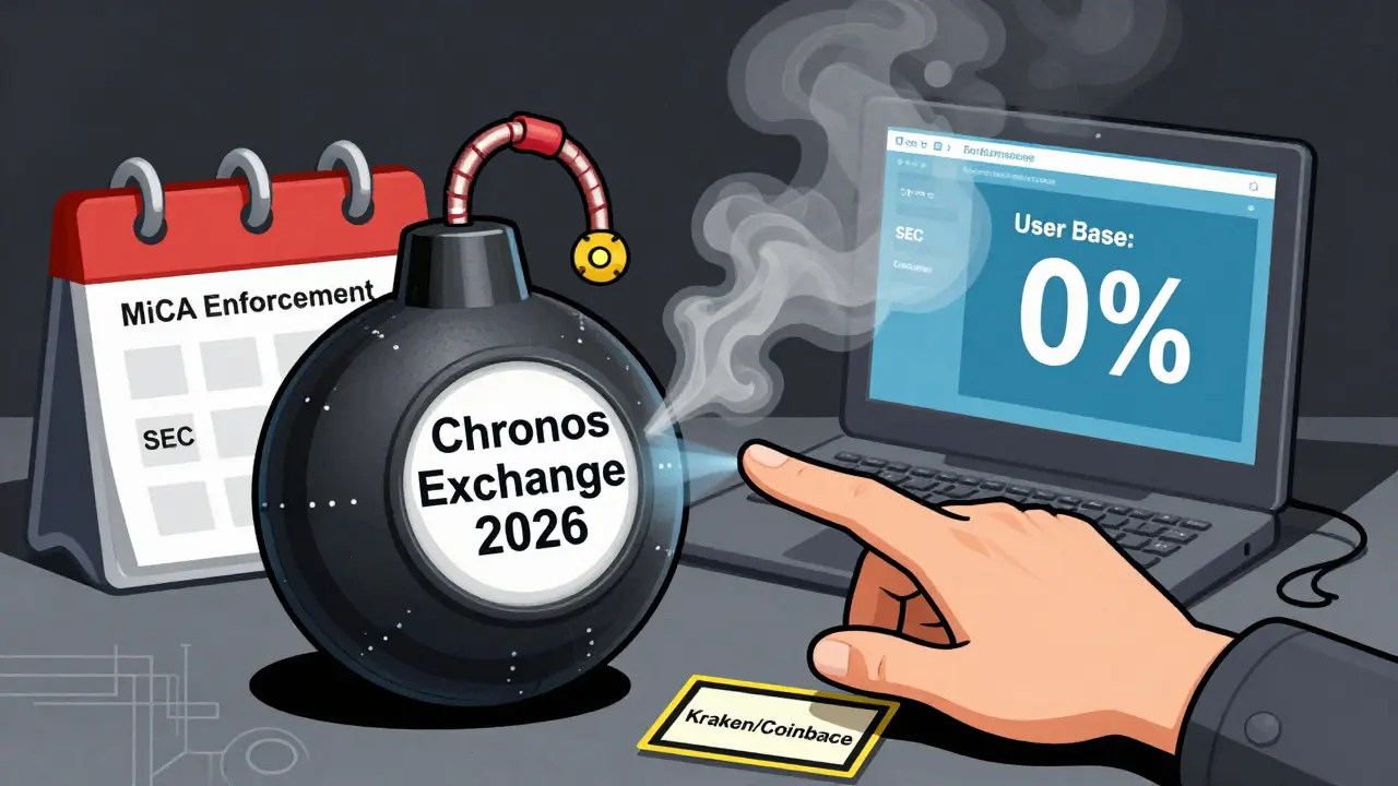 Time bomb labeled Chronos Exchange ticking beside regulatory deadlines, with user reaching toward safe alternatives.