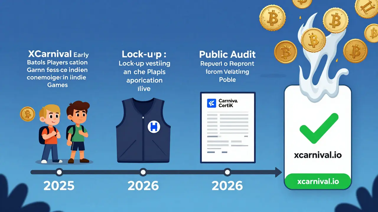 Timeline showing XCarnival's path from beta play to verified token launch with audit and claim portal.