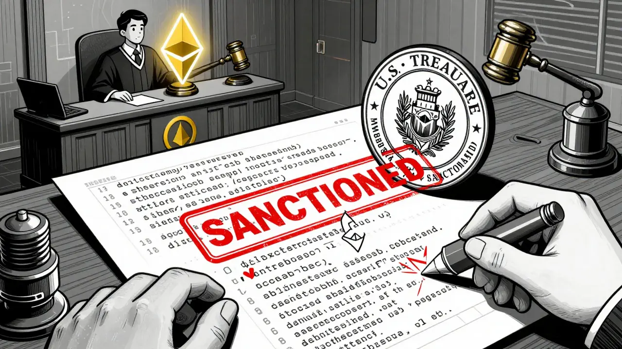 U.S. Treasury sanctions crossing out smart contract code on a blockchain, with developers erasing it and a courtroom in background.