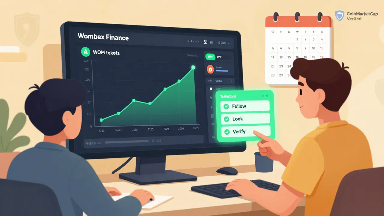 User connecting wallet to Wombex Finance dashboard with APY graphs and verification checklist.