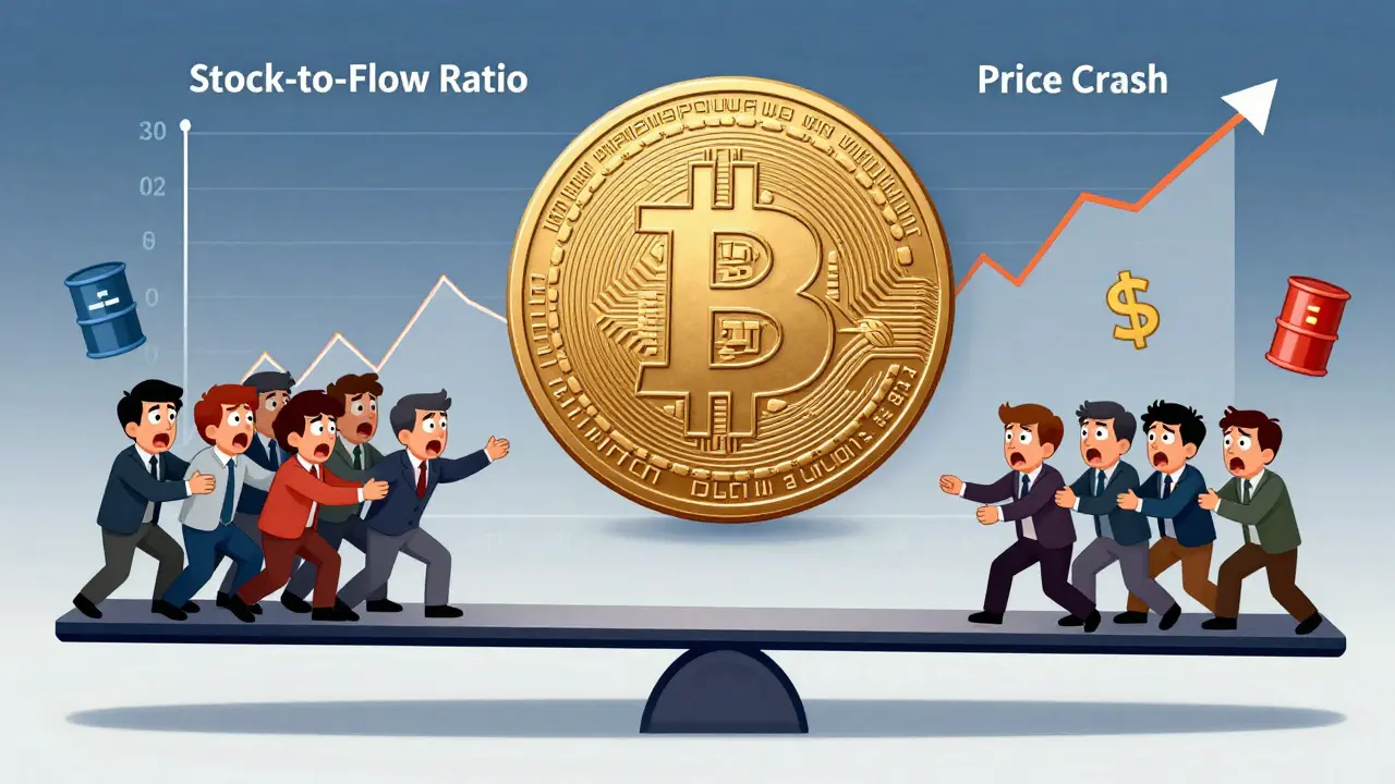 A Bitcoin coin with a 21 million cap on a seesaw, pulled by emotional retail investors and macroeconomic forces, with a volatile price graph in the background.