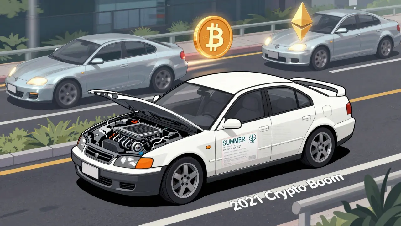 A broken car labeled 'SUMMER Coin' parked on a road labeled '2021 Crypto Boom' while other crypto vehicles drive away.