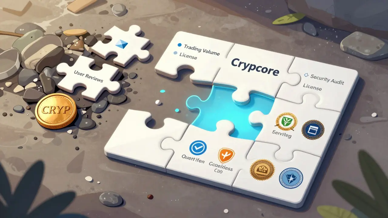 A broken puzzle missing key security and legitimacy pieces, next to a complete, verified exchange puzzle in bright light.