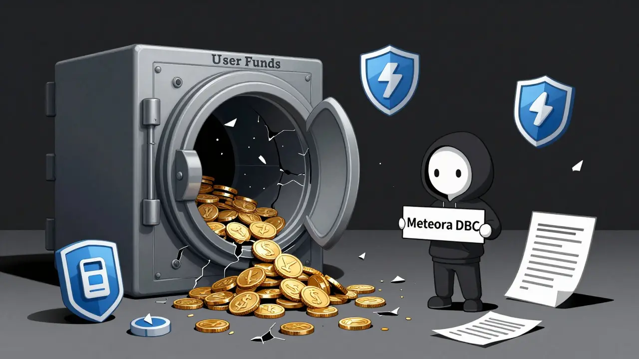 A broken vault spilling crypto coins, with shattered security icons and a faceless figure holding a sign.