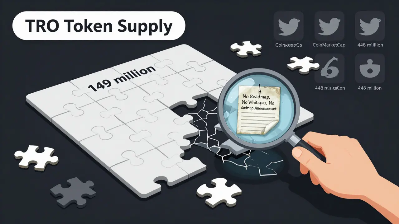 A fragmented token supply puzzle with most pieces missing, representing unverified TRO distribution claims.