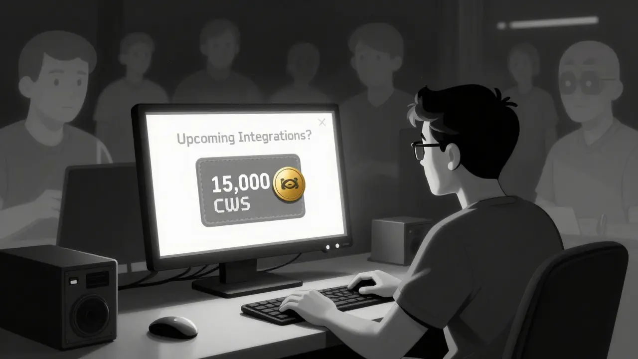 A player stares at unused CWS tokens on a screen while a ghostly community fades away.